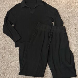 Uniqlo Black Ribbed Knit Top and Drawstring Pants Set